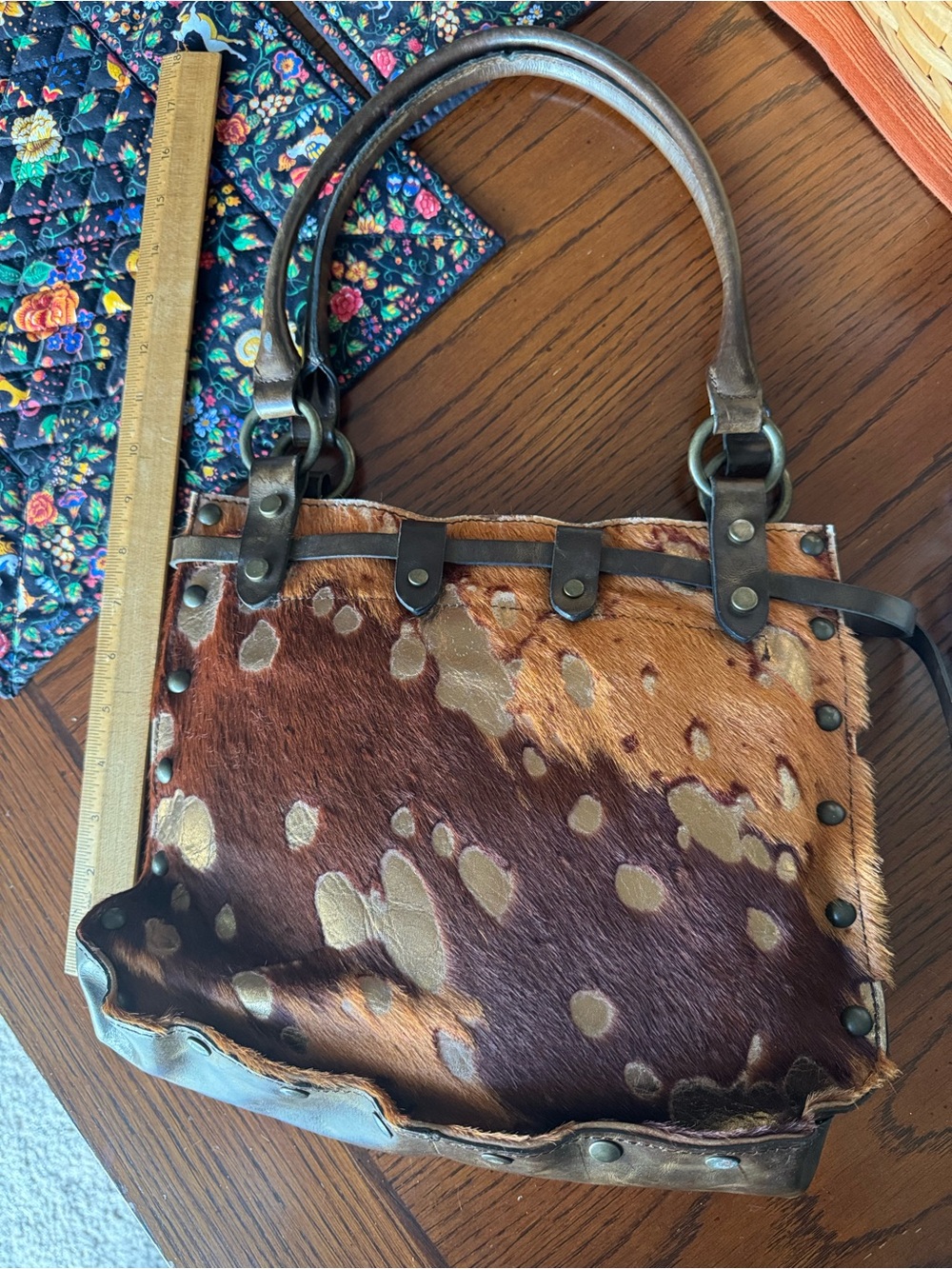 MAURIZIO TAIUTI Bag Calfskin with Hair Italian Leather Metallic Spots Purse Tote - Picture 4 of 9